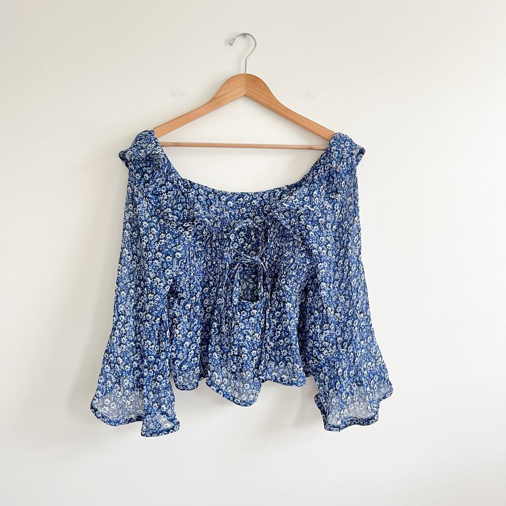 Anthropologie Maeve NWT Square-Neck Sheer Babydoll Floral Bell Sleeve Blouse - Picture 5 of 12